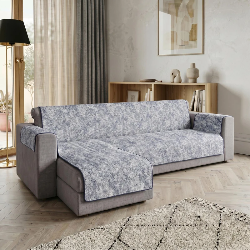 Glamour Left Peninsula Sofa Cover Made in Italy - Sofa Cover with Non-Slip Rubber Bottom and Armrests, Seat 240 cm, Handmade Sofa Protector Washable in Solid Colour - Dark Blue - Image 1