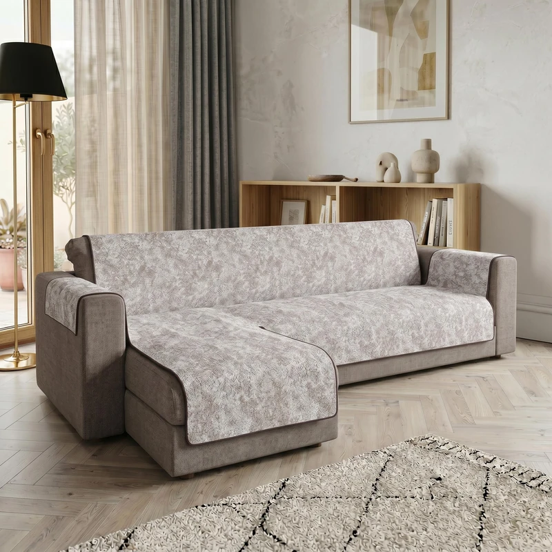 Glamour Left Peninsula Sofa Cover Made in Italy - Sofa Cover with Non-Slip Rubber Bottom and Armrests, Seat 290 cm, Handmade Sofa Protector Washable in Plain Colour - Brown