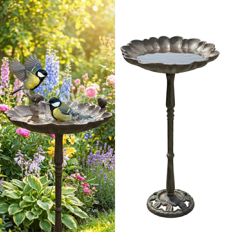 Relaxdays bird bath, HxD 52 x 31.5 cm, cast iron, antique, freestanding, food & water bowl, flower-shaped, brown