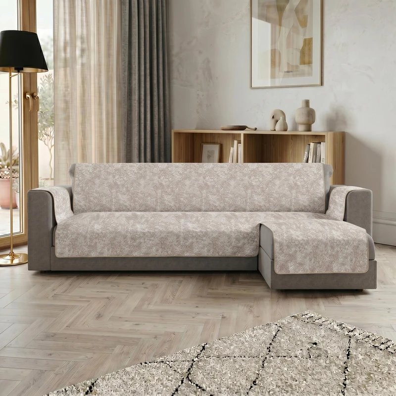 Glamour Right Peninsula Sofa Cover Made in Italy – Sofa Cover with Non-Slip Rubber Bottom and Armrests, Seat 290 cm, Handmade Sofa Protector Washable in Plain Colour – Beige - Image 1