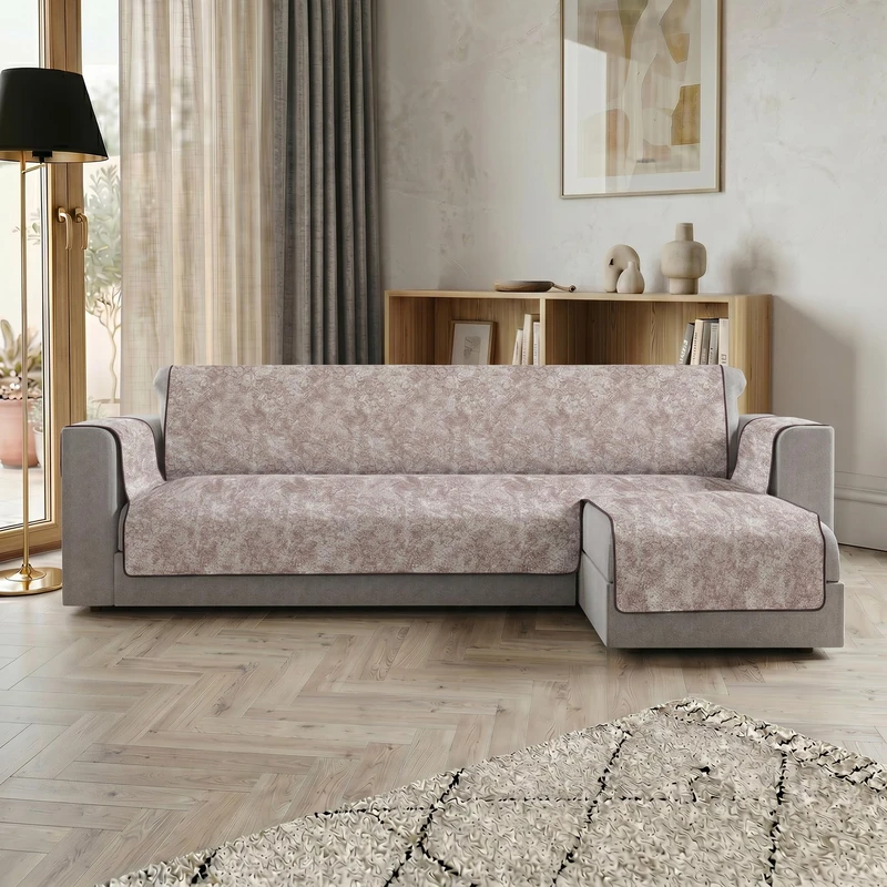 Glamour Right Peninsula Sofa Cover Made in Italy – Sofa Cover with Non-Slip Rubber Bottom and Armrests, Seat 290 cm, Handmade Sofa Protector Washable in Solid Colour – Brown - Image 1