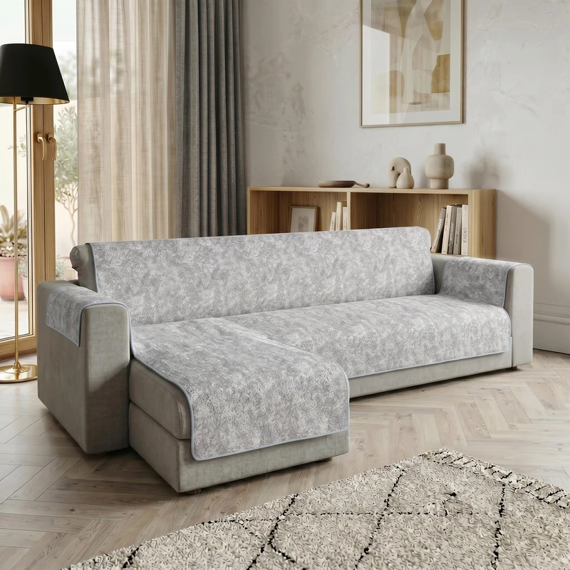 Glamour Left Peninsula Sofa Cover Made in Italy - Sofa Cover with Non-Slip Rubber Bottom and Armrests, Seat 240 cm, Handmade Sofa Protector Washable in Plain Colour - Light Grey