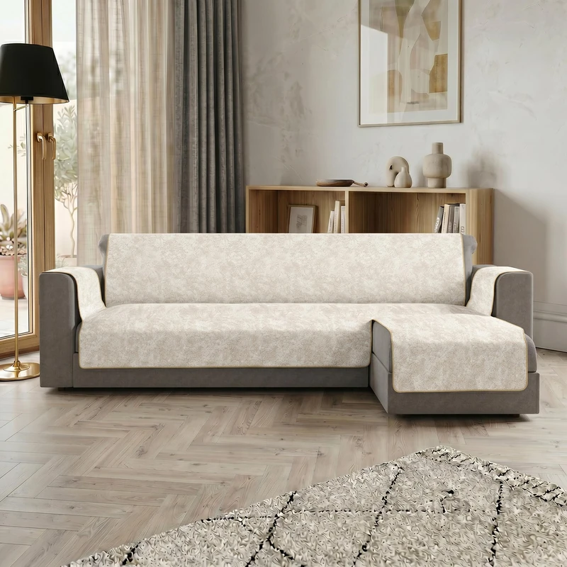 Glamour Right Peninsula Sofa Cover Made in Italy – Sofa Cover with Non-Slip Rubber Bottom and Armrests, Seat 290 cm, Handmade Sofa Protector Washable in Solid Colour – Cream