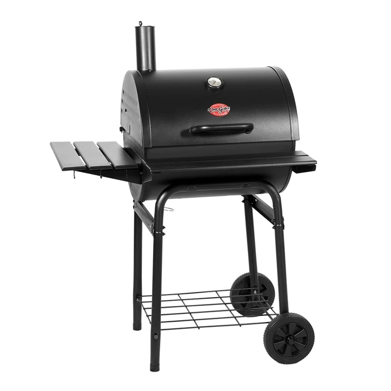 Char-Griller® Wrangler® Charcoal Grill in Black with Metal Shelves, EasyDump™ Ash Pan, Premium Wood Front and Side Shelves with Utensil Hooks - Image 1