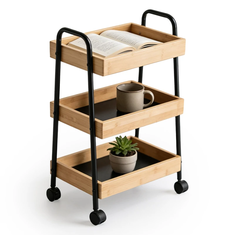 Relaxdays Trolley, 3 tiers, bamboo & metal, H x W x D: 73x45.5x28 cm, for bathroom, kitchen & living room, natural/black