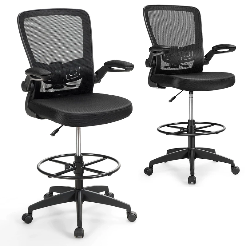 CASART Mesh Drafting Chair, Ergonomic Office Chair with Lumbar Support & Flip-up Armrests, Height Adjustable Rolling Desk Chair for Home Office (2Pcs with Adjustable Footrest, Black)