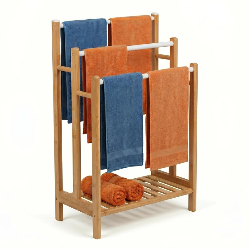 Relaxdays towel rack, 3 rails & shelf, HWD: 86x46x24 cm, for hand & bath towels, bamboo & metal, natural/white - Image 1