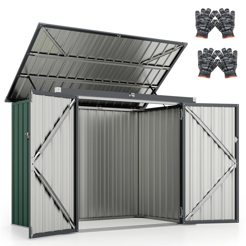 GiantexUK Metal Garden Shed, Galvanized Outdoor Utility Tool House with Lockable Door & Flip-top Slope Roof, Weatherproof Storage Shed Building for Trash Can Bike, 172 x 95 x 130cm (Green)