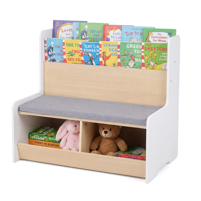 GYMAX Kids Bookcase with Bench, Wooden Children Bookshelf with Storage Cubbies, Shelves and Soft Seat Cushion, Toy Storage Organizer for Playroom Bedroom Nursery (80 x 48 x 74.5 cm,White + Gray)