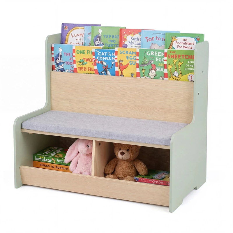 GYMAX Kids Bookcase with Bench, Wooden Children Bookshelf with Storage Cubbies, Shelves and Soft Seat Cushion, Toy Storage Organizer for Playroom Bedroom Nursery (80 x 48 x 74.5 cm,Green+ Gray)