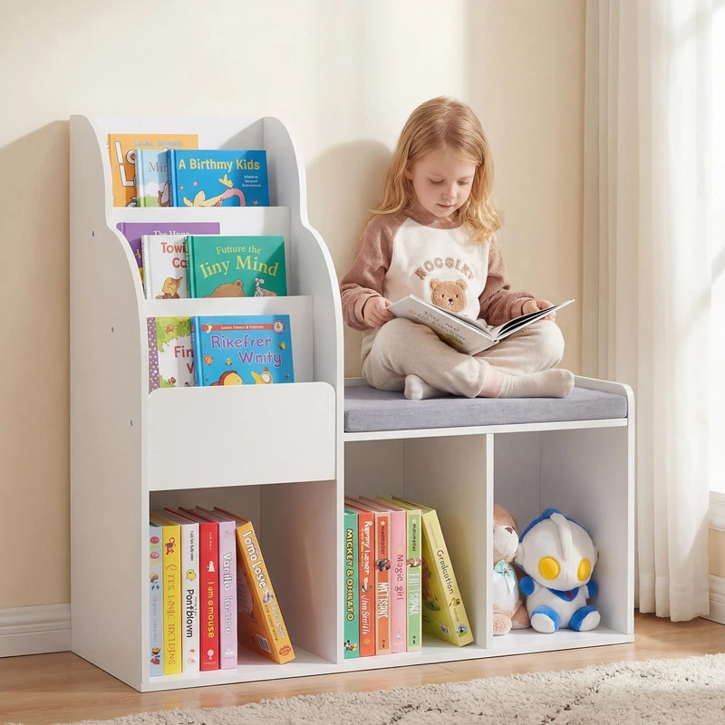 GYMAX Kids Bookcase with Bench, Wooden Children Bookshelf with Storage Cubbies, Shelves and Soft Seat Cushion, Toy Storage Organizer for Playroom Bedroom Nursery (80 x 29.5 x 81.5 cm,White + Gray)
