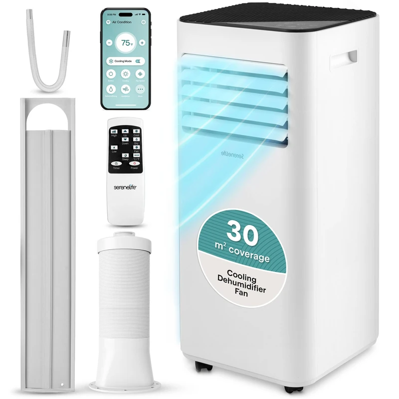 SereneLife Portable Air Conditioner 9000 BTU, Compact AC Unit with Dehumidifier & Fan for Rooms up to 30 m², Energy Efficient Quiet Cooling with Remote, Window Kit, White