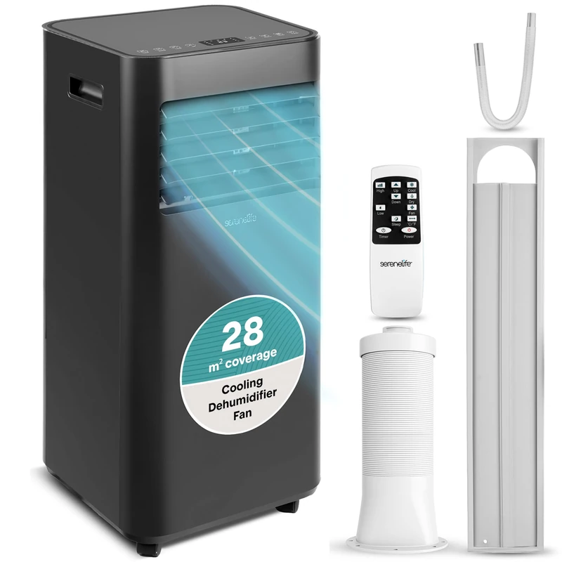SereneLife Portable Air Conditioner 7000 BTU, Compact AC Unit with Consistent Room Cooling, Dehumidifier & Fan for Rooms up to 28 m², Quiet Energy Efficient Operation with Remote, Window Kit, Black
