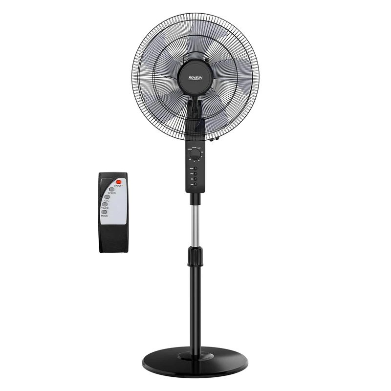 ROVSUN 16" Pedestal Fan with Remote Control - 3 Speed 5 Blades Floor Fan with Wide Angled Oscillation - 115cm-130cm Adjustable Height, 7.5 Timer, for Home Offices Bedroom, Black - Image 1