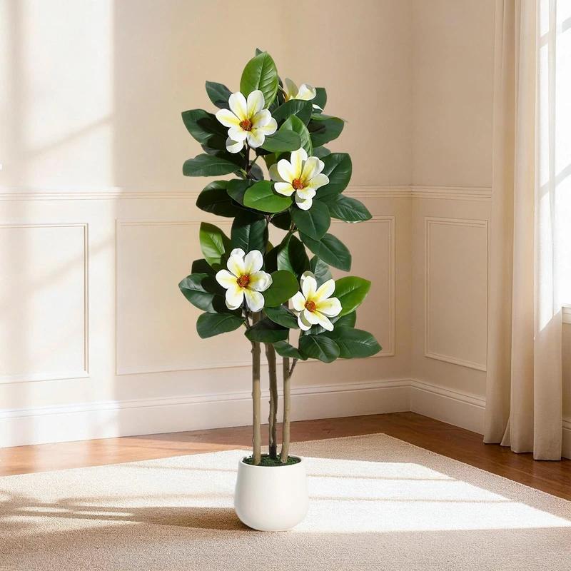 Garvee 122cm Fake Ficus Tree | Artificial Plant Indoor Real Touch Leaves & Multiple Trunks | Fake Plant Pot with White Flowers for Home Office Living Room Decoration - Image 1