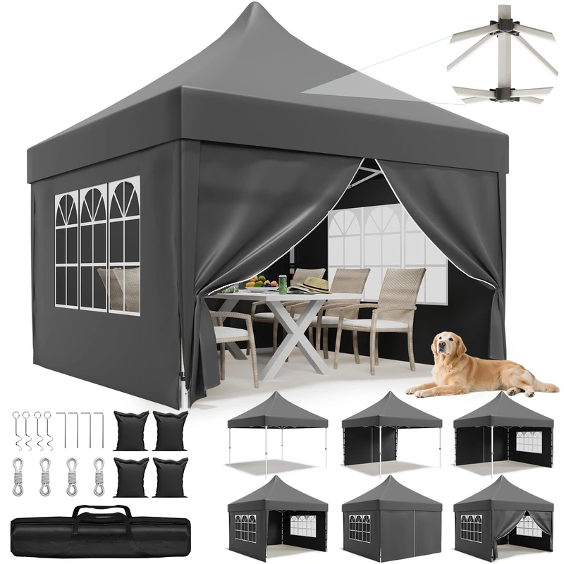 JUMMICO 3x3m Heavy Duty Pop Up Gazebo with Sides, Patented Peaked Roof Waterproof Windproof Garden Gazebo, 10cm Extra Height Canopy for Party Wedding Camping Commercial Events - Grey