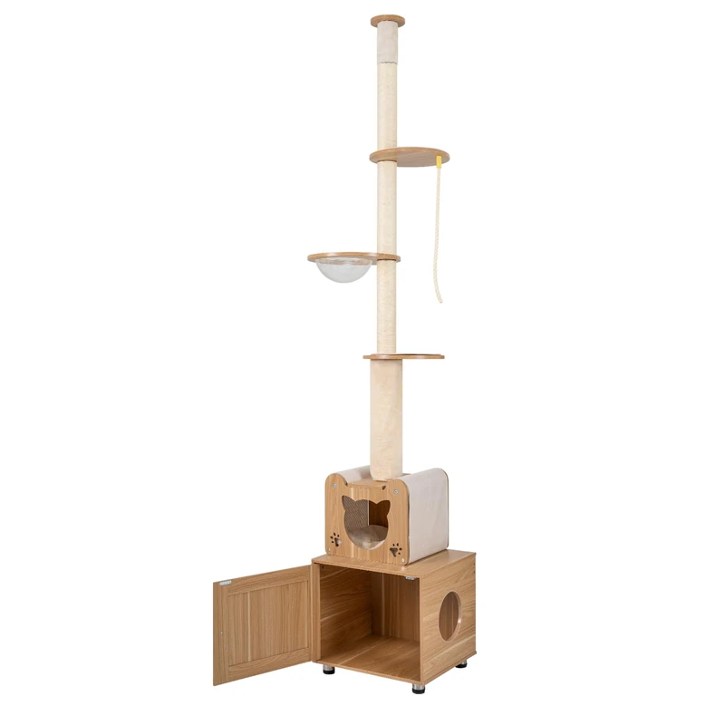 GYMAX Floor to Ceiling Cat Tree, 256-275 cm Height Adjustable Cat Tower with Litter Box Enclosure, Sisal Scratching Posts, Sisal Rope, Space Capsule & Condo, Kitten Activity Center for Climbing
