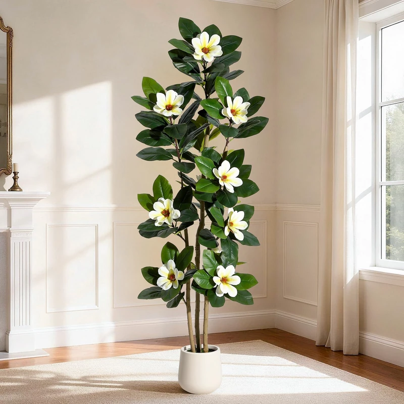 Garvee 182cm Fake Ficus Tree | Artificial Plant Indoor Real Touch Leaves & Multiple Trunks | Fake Plant Pot with White Flowers for Home Office Living Room Decoration - Image 1