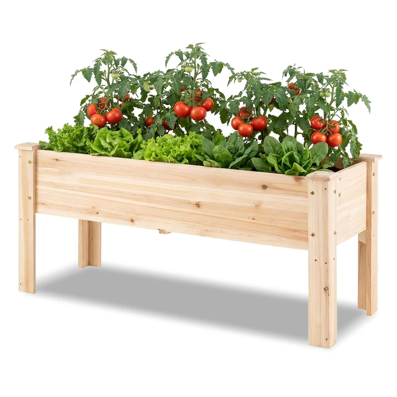 FANTASK Fir Wood Planter, 119 x 45 x 51 cm, Raised Bed with Drainage Holes and L Legs, Herb Bed up to 100 kg, Cold Frame Rectangular, Propagation Bed, Garden, Patio, Balcony, Natural