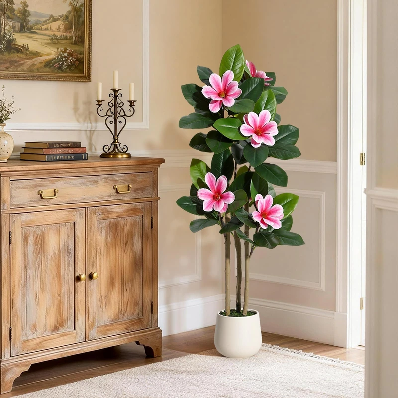 Garvee 122cm Fake Ficus Tree | Artificial Plant Indoor Real Touch Leaves & Multiple Trunks | Fake Plant Pot with White Flowers for Home Office Living Room Decoration - Image 1