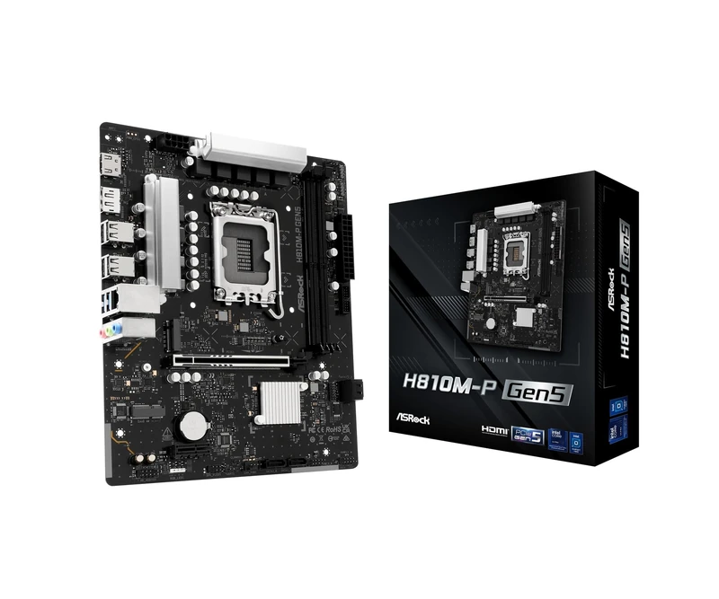 ASRock H810M-P Gen5 Motherboard, Micro ATX, LGA1851 Socket, DDR5, PCIe 5.0, Intel Core Ultra Series 2