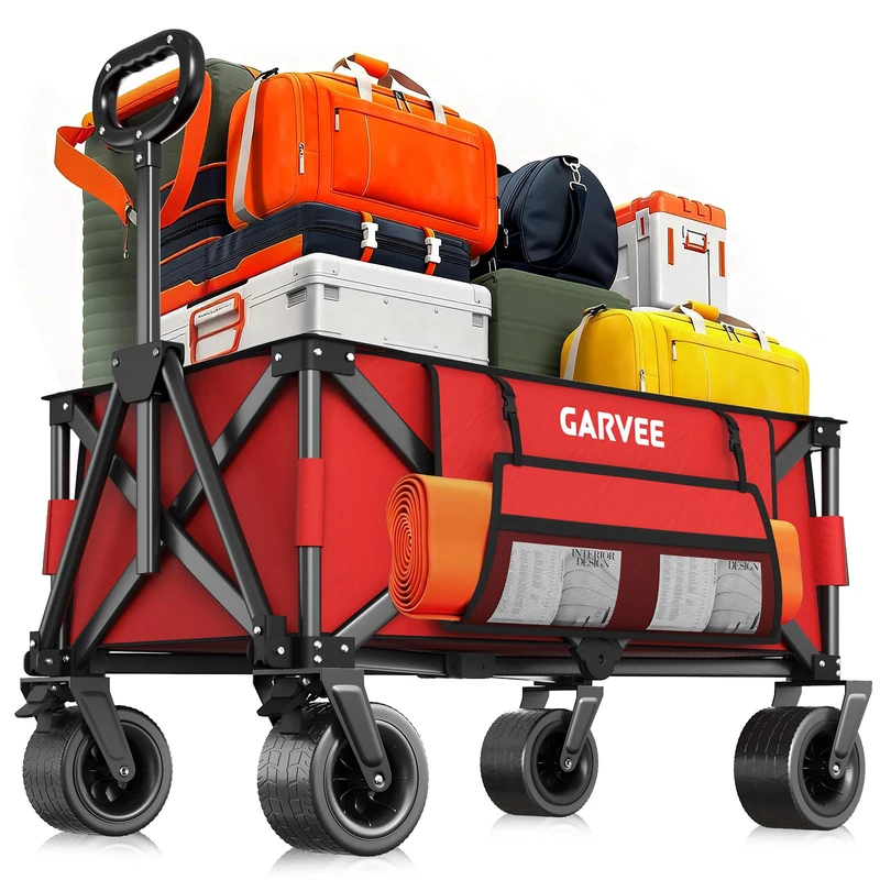 GarveeLife XXL Foldable Handcart, 200 kg Load Capacity & 200 L Volume, Hand Trolley with Brakes & 20 cm Off-Road Wheels, Folding Transport Trolley with Side Pockets for Beach, Camping & Garden, Red