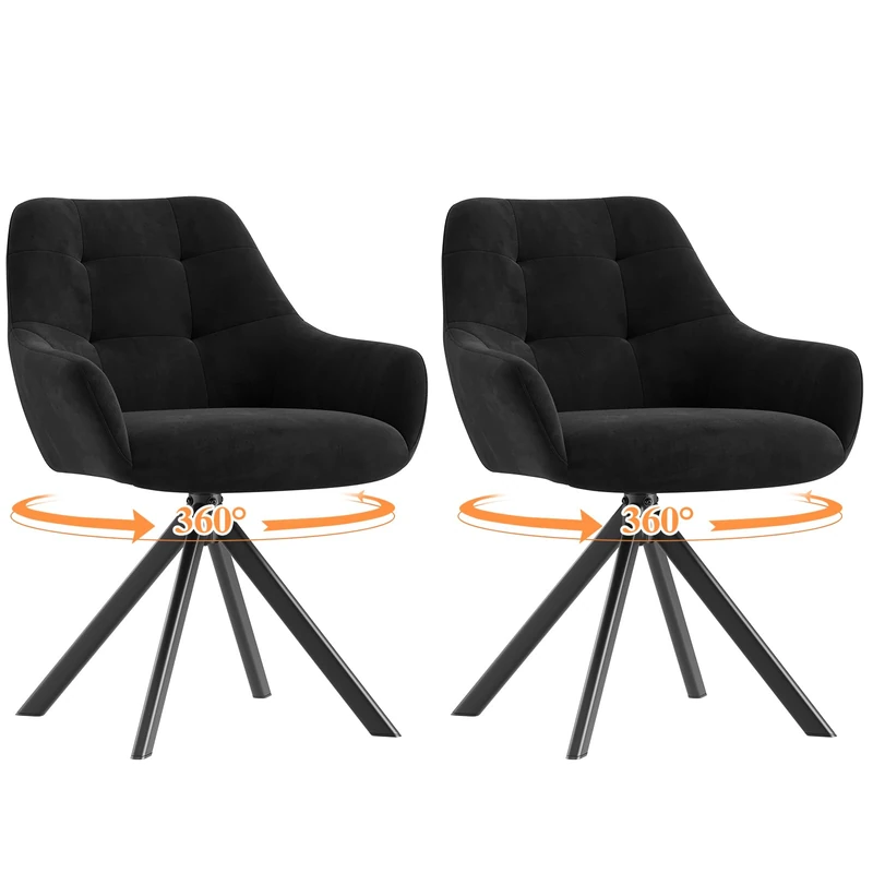 COLAMY 360° Swivel Dining Chairs Set of 2 with Sturdy Metal Base – Luxury Velvet Upholstered Kitchen Chairs with Thick Padded Seat, Button-Tufted Backrest for Home, Dining Room, or Café,Black