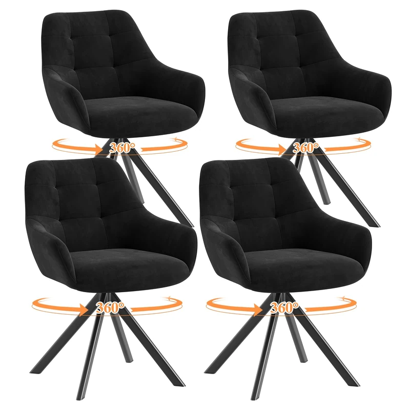 COLAMY 360° Swivel Dining Chairs Set of 4 with Sturdy Metal Base – Luxury Velvet Upholstered Kitchen Chairs with Thick Padded Seat, Button-Tufted Backrest for Home, Dining Room, or Café,Black