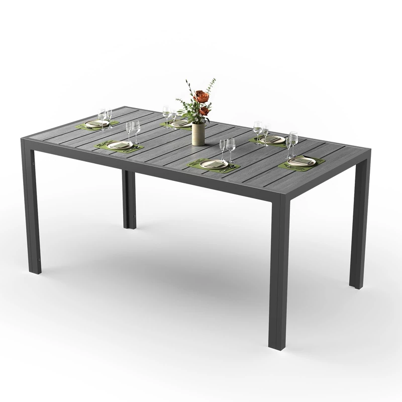 JUMMICO HDPS Wood Grain Garden Dining Table, Heavy Duty Weatherproof Aluminium Outdoor Table, Easy Maintenance, Seats 4-6 People, for Patio, Garden - Grey 150x80x72cm - Image 1
