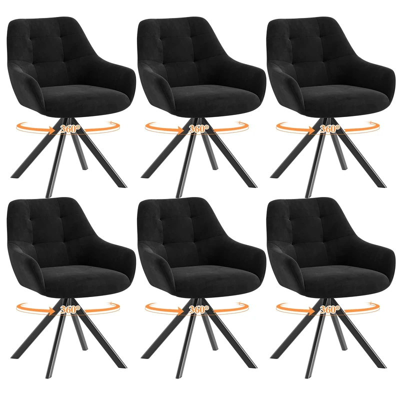 COLAMY 360° Swivel Dining Chairs Set of 6 with Sturdy Metal Base – Luxury Velvet Upholstered Kitchen Chairs with Thick Padded Seat, Button-Tufted Backrest for Home, Dining Room, or Café,Black