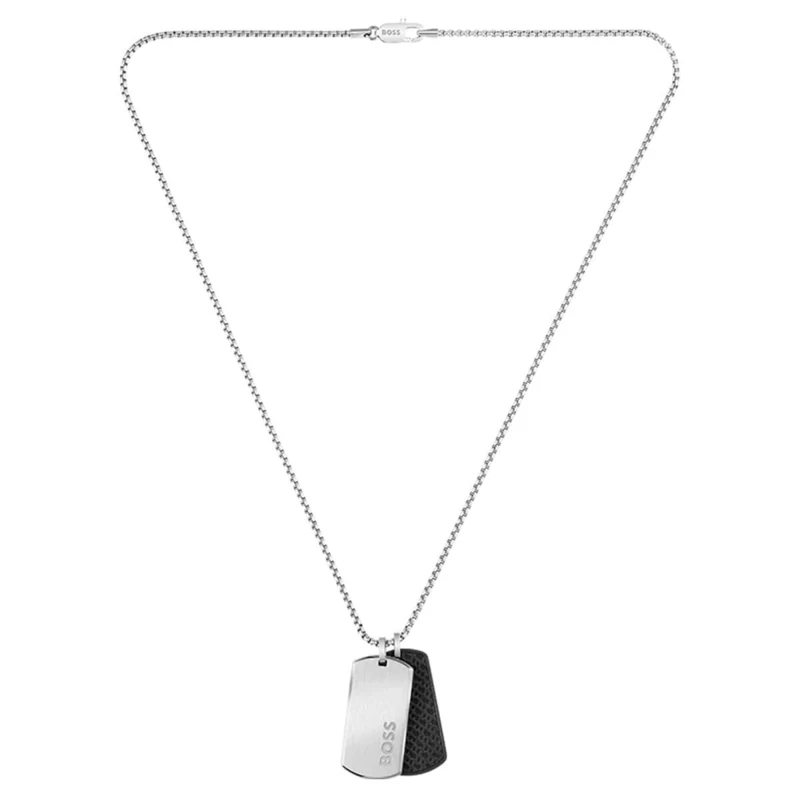 Boss jewelry men's DEVON necklace steel and black leather