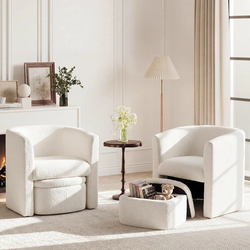 MALOL Boucle Accent Chair with Ottoman Storage Box Set of 2, Wooden Frame Armchair with Footstool, Single Sofa Chair, Arm Chairs for Living Room Bedroom Reading Spaces Office, Cream