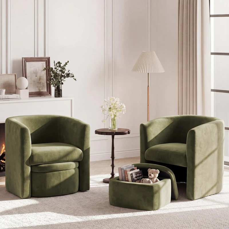 MALOL Velvet Accent Chair with Ottoman Storage Box Set of 2, Wooden Frame Armchair with Footstool, Single Sofa Chair, Arm Chairs for Living Room Bedroom Reading Spaces Office, Green