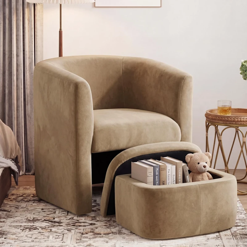 MALOL Velvet Accent Chair with Ottoman Storage Box Set of 1, Wooden Frame Armchair with Footstool, Single Sofa Chair, Arm Chairs for Living Room Bedroom Reading Spaces Office, Khaki