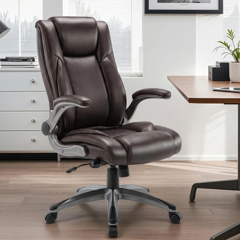 Ergonomic Executive Office Chair with Adjustable Lumbar Support, Flip-up Armrests, Double Padded Seat & Tilt Function – High Back Swivel Desk Chair for Home Office & Gaming,Brown