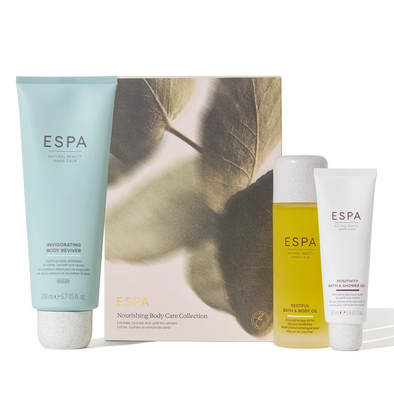 ESPA Nourishing Body Care Collection Gift Set | Exfoliating Body Reviver, Restful Bath & Body Oil & Positivity Shower Gel | Luxury Aromatherapy Bodycare Set with 3 Full-Sized Products
