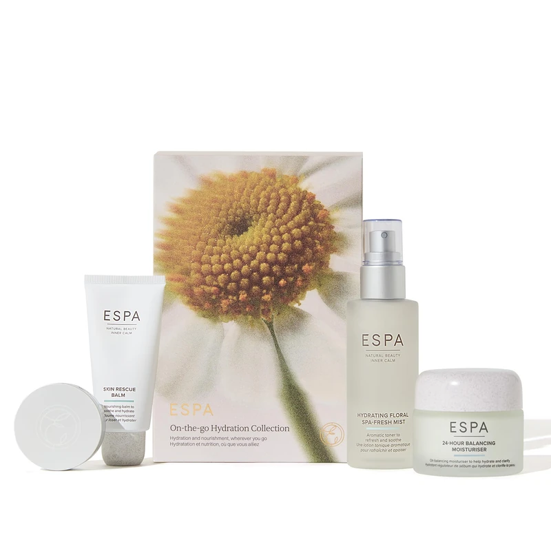 ESPA On-the-go Hydration Collection Gift Set | Mositure Barrier Support for Dry, Sensitive Skin with Skin Rescue Balm, Hydrating Mist, 24-Hour Moisturiser & Lip Balm | 4 Full-Sized Products