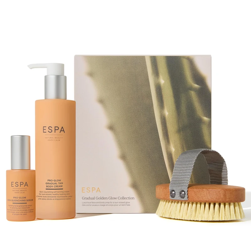 ESPA Gradual Golden Glow Collection Gift Set | Pro-Glow Gradual Tan Body Cream, Bronzing Face Serum & Body Brush, Buildable Sun-Kissed Glow for Face & Body | 3 Full-Size Products - Image 1