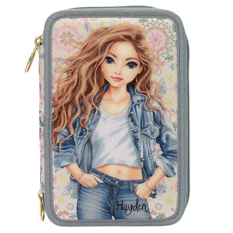 Depesche 14020 TOPModel Festival Fun Filled Pencil Case with 3 Compartments in Dark Blue and Cream with TopModel Motif and Flower Pattern, Pencil Case with Colouring Pencils, Scissors, Ruler and Much