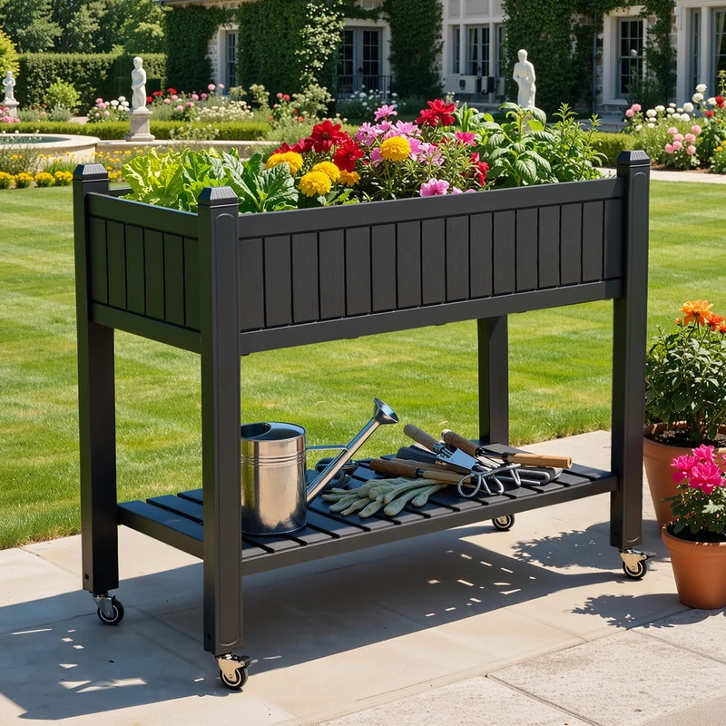 DWVO Raised Beds with Trellis 108.5 x 44 x 89.5 cm, Garden Trellis with Wheels, Drainage Holes and Plugs for Climbing Plants, Raised Bed Holds 6.8 kg for Vegetables, Flowers (Black)