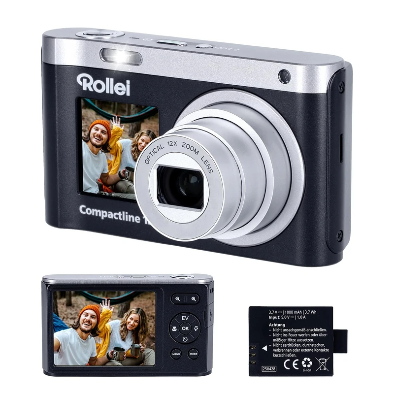 Digital Camera 64MP 4K Rollei Compactline 12X Optical Zoom Camera for Vlogging with Dual Display Portable for Beginners