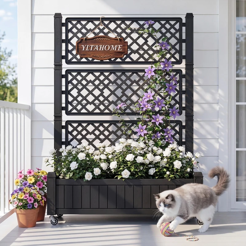DWVO Raised Beds with Trellis 108.5 x 44 x 155 cm, Garden Trellis with Wheels, Drainage Holes and Plugs for Climbing Plants, Raised Planter Holds 6.8 kg for Vegetables, Flowers (Black)