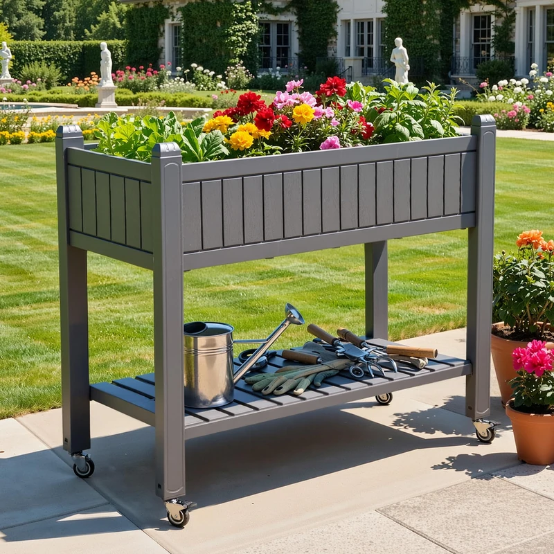 DWVO Raised Beds with Trellis 108.5 x 44 x 89.5 cm, Garden Trellis with Wheels, Drainage Holes and Plugs for Climbing Plants, Raised Bed Holds 6.8 kg for Vegetables, Flowers (Grey)