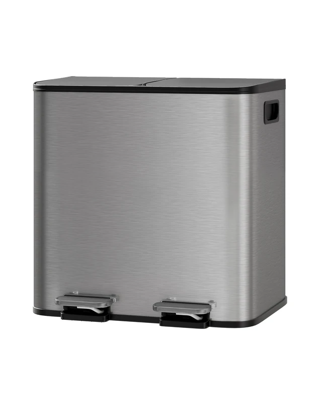 Garvee 2 x 15 Litre Stainless Steel Double Pedal Bin - Soft Silent Closing for Small Recycling Kitchens, Grey