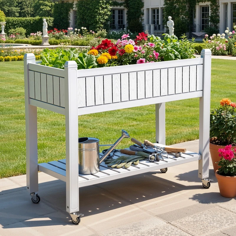 DWVO Raised Beds with Trellis 108.5 x 44 x 89.5 cm, Garden Trellis with Wheels, Drainage Holes and Plugs for Climbing Plants, Raised Bed Holds 6.8 kg for Vegetables, Flowers (White)