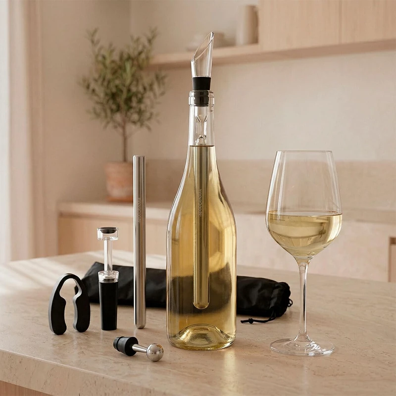 InnovaGoods - Wine Accessory Set, 2 Chilling Rods 304 Stainless Steel, Foil Cutter, Airtight Vacuum Stopper, Aerator with Drip-Free Stopper, Carry Bag - Image 1