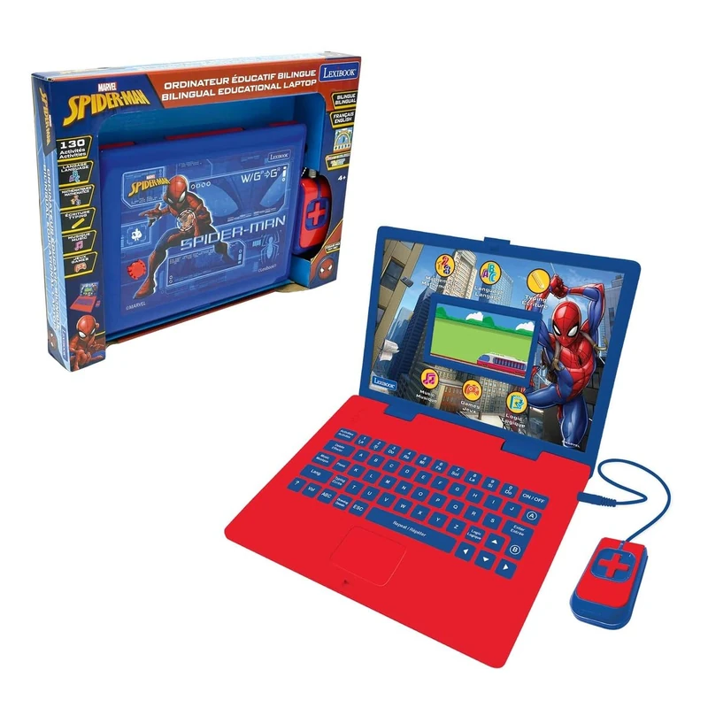 LEXIBOOK Spider-Man Educational and Bilingual Laptop French/English Coloured Screen- Toy for Boys & Girls 130 Activities, Learn Play Games and Music - Blue and Red - JC798SPi1LXB