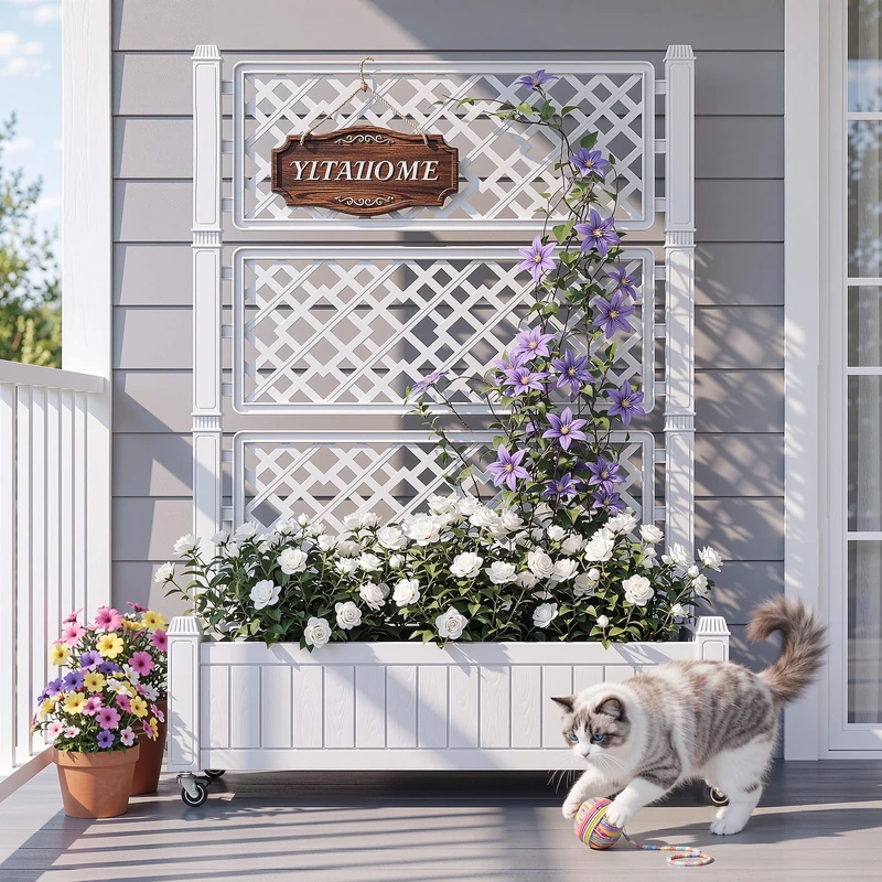 DWVO Raised Beds with Trellis 108.5 x 44 x 155 cm, Garden Trellis with Wheels, Drainage Holes and Plugs for Climbing Plants, Raised Planter Holds 6.8 kg for Vegetables, Flowers (White)
