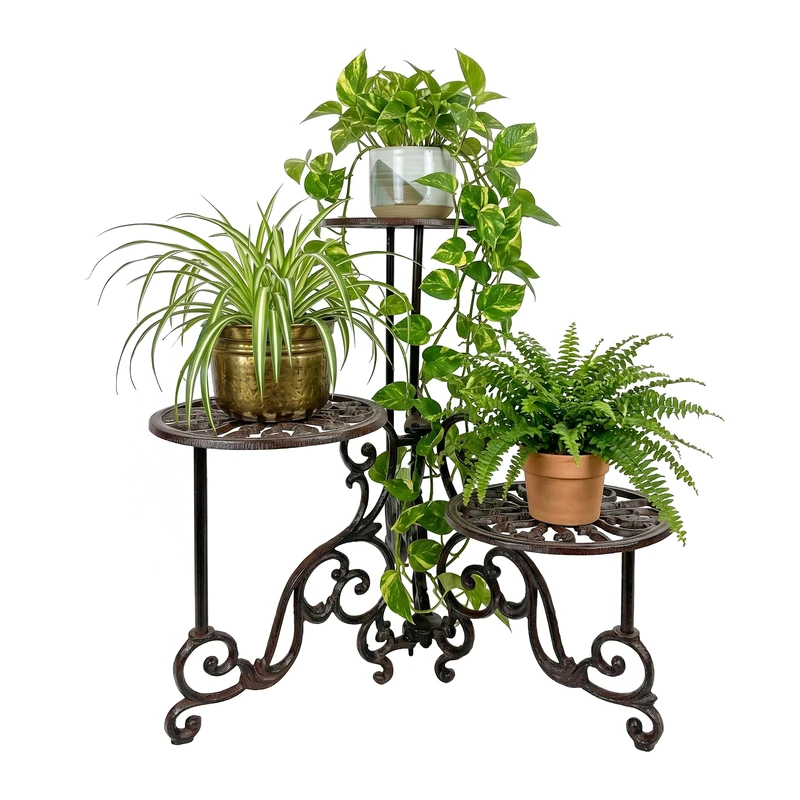 Relaxdays Plant Stand, Vintage, 3 tiers, cast iron, HxWxD: 58x50x50 cm, outdoor, brown