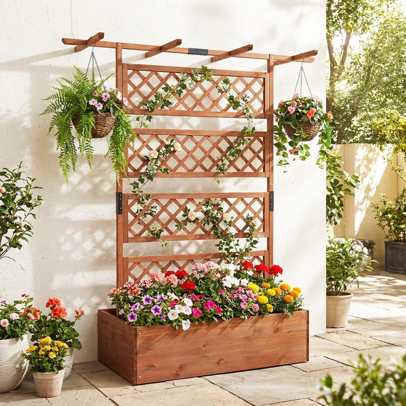 FANTASK Raised Bed with Vine Grid, 100 x 55 x 183 cm, Flower Box with Trellis & Drainage Holes, Plant Bed with Privacy Screen, Planter Box for Climbing Plants